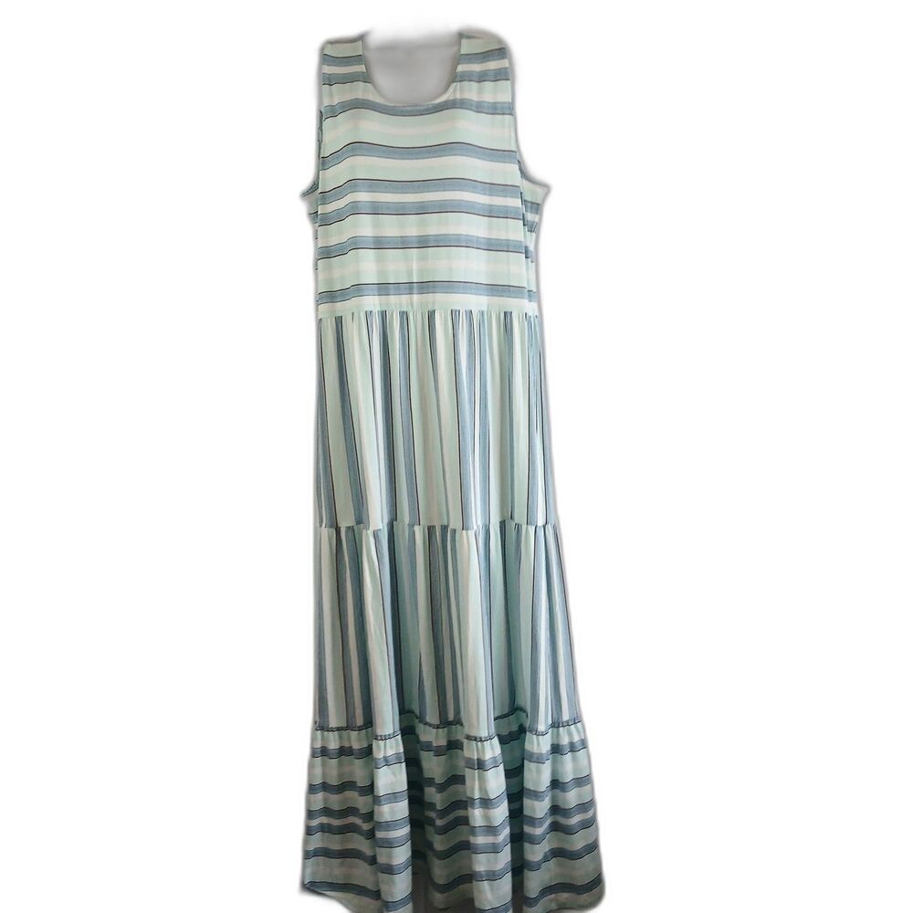 lands end dress White Stripe Maxi  Sleeveless Sz  Summer Travel Coastal Work